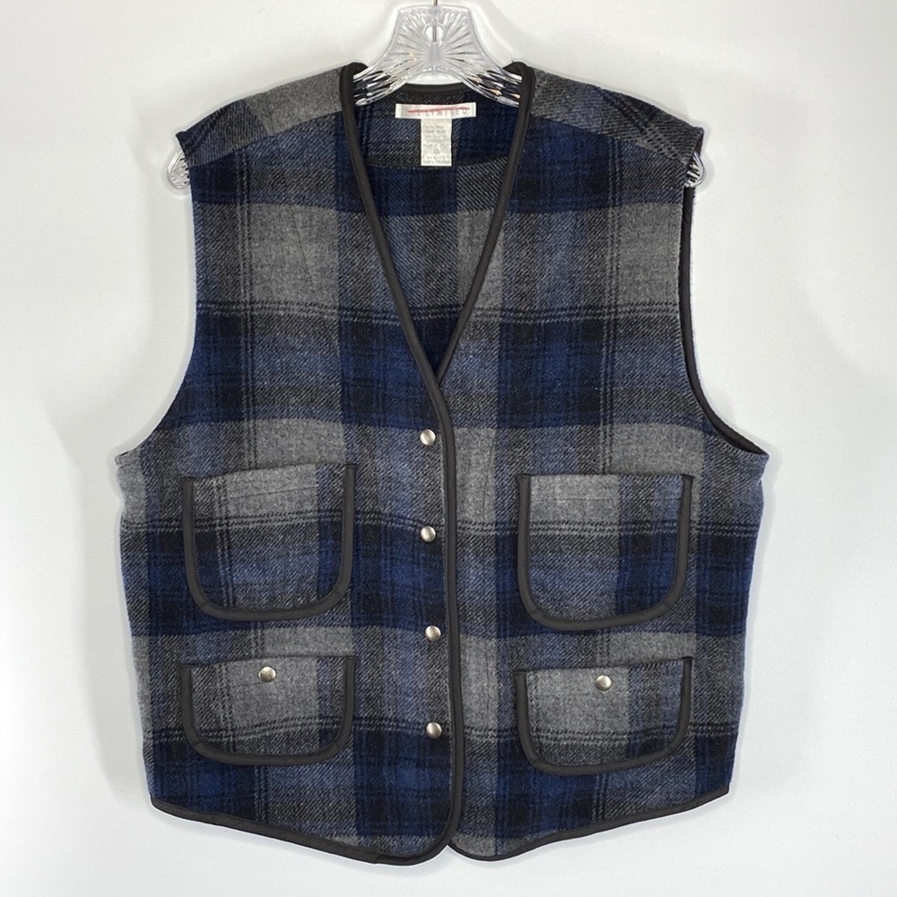 Vintage The Limited Wool Plaid Snap Button Vest Gray Blue Black Size Medium